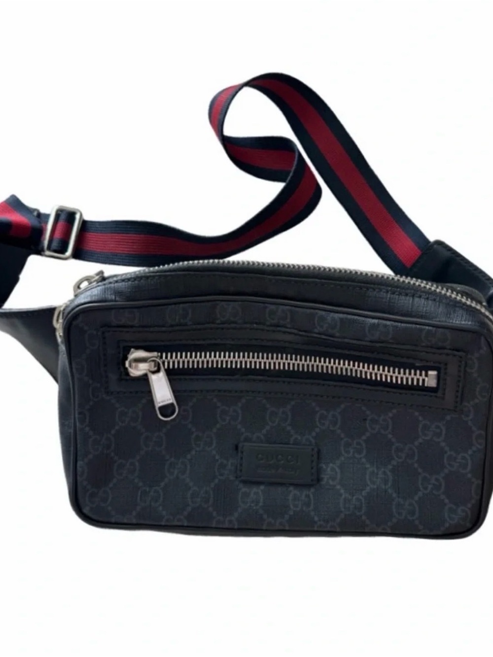 Gucci Black Monogram Belt Bag with Red and Blue Web Strap